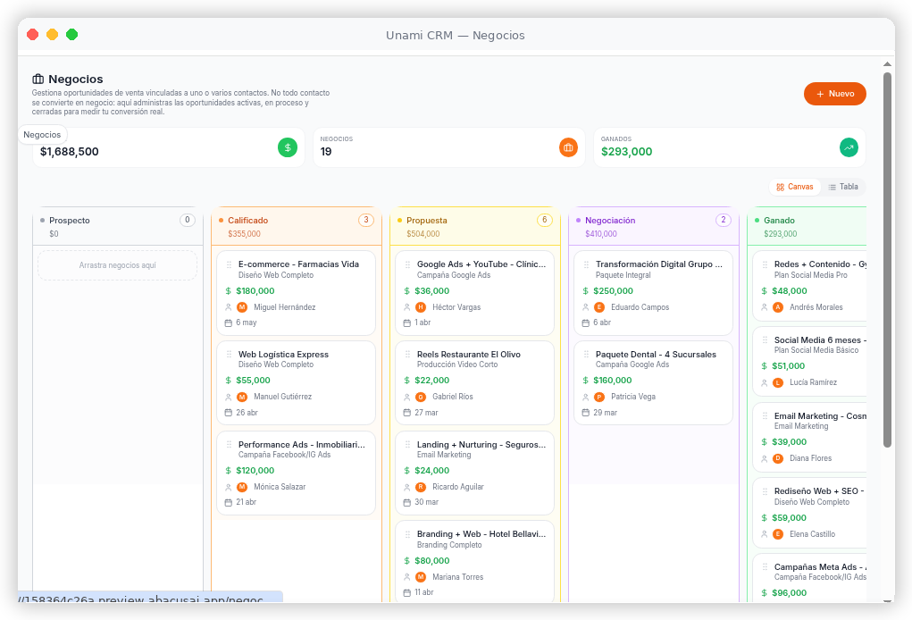 Unami.ai — Kanban de oportunidades comerciales